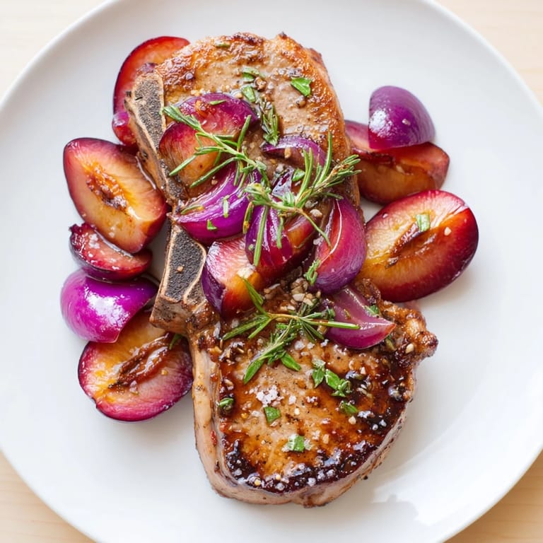 Golden-brown plum-soft pork chops, each topped with sweet plums and a rich, shiny balsamic sauce.