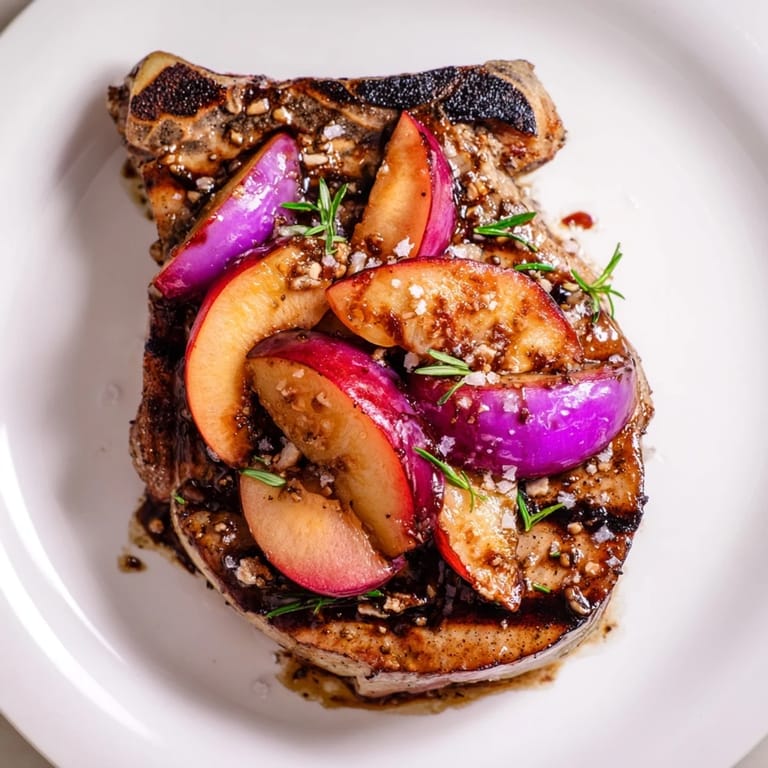 Close-up of succulent plum-soft pork chops, beautifully plated with herbs and a flavorful glaze.