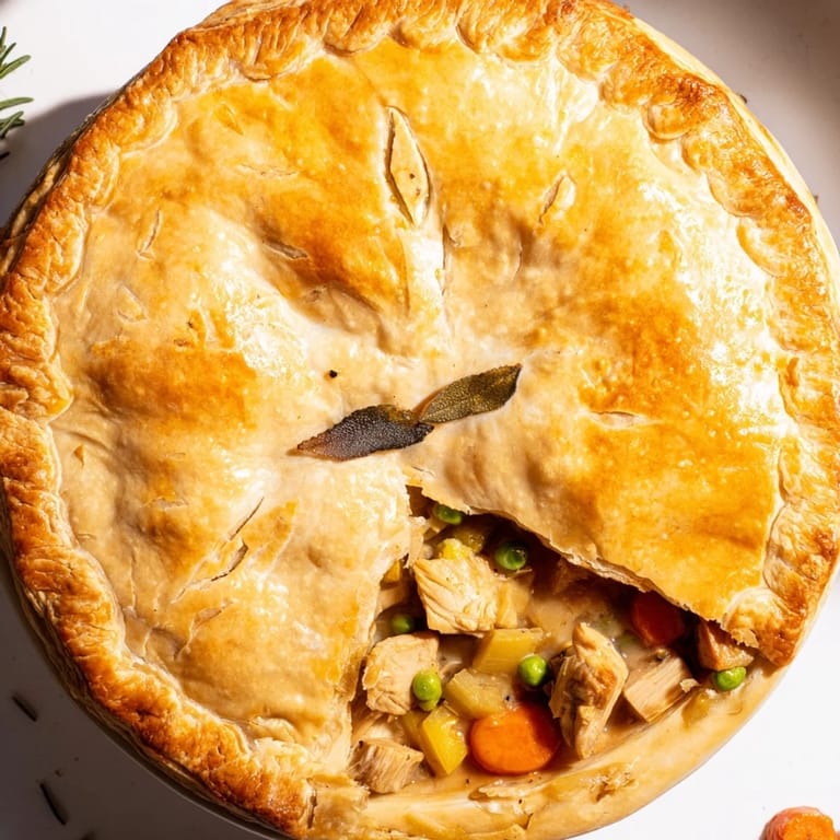 A bubbling pot of Laurel & Herb Chicken Pot Pie, presented in a flaky, perfectly crimped crust.