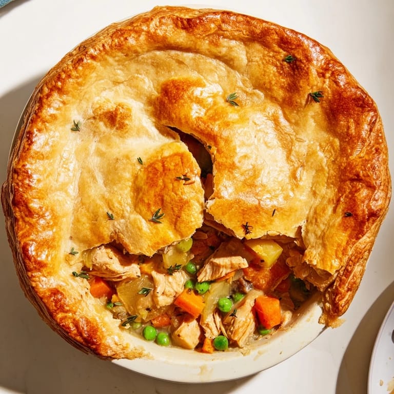 Savory Laurel & Herb Chicken Pot Pie with parsley garnish, ready for a comforting, homemade meal.