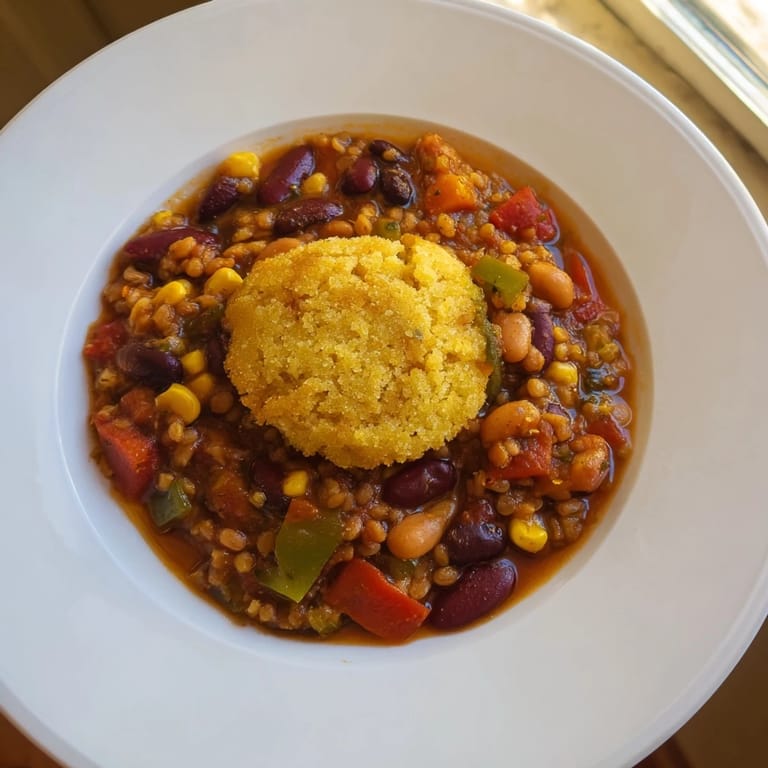 Savory Rustic Wheat-Warm Chili: a hearty stew topped with fluffy, baked cornbread, ready to eat.