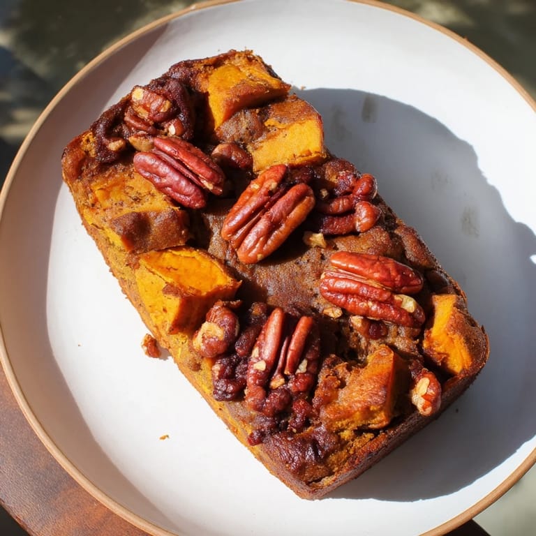 Close-up of freshly baked Weekend Cabin-Style Sweet Potato and Pecan Loaf with crunchy pecan topping and inviting aroma.