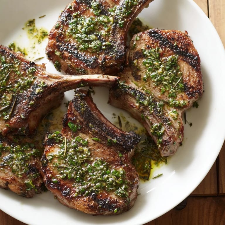 Plate of tender, perfectly seared lamb chops, topped with mint sauce; this simple dinner is full of flavor.
