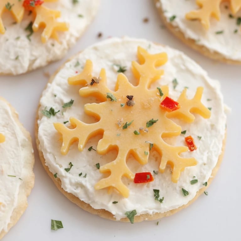 Delicate cheese snowflakes top crackers, these savory bites with fresh herbs are ready to serve.