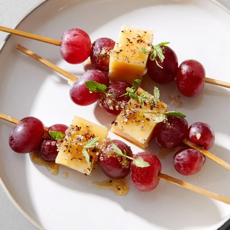 Enjoy visually stunning sparkling grape and cheese skewers, perfect for a New Year's party with bubbly wine!