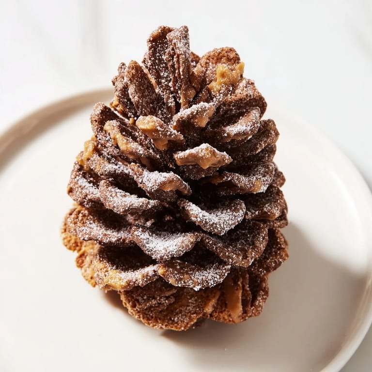 A close-up of festive Pinecone-Shaped Nut Butter Snacks, offering creamy nut butter and crunchy texture.