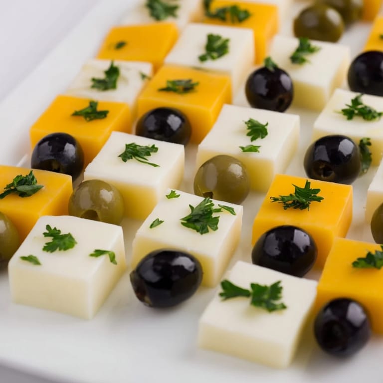 This Cheese and Olive Chess Board presents a delicious arrangement of textures; enjoy the salty, fresh flavors.