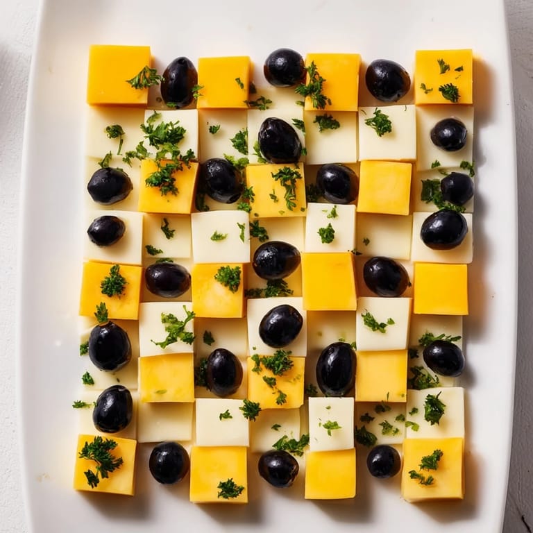 Prepare for your guests a festive Cheese and Olive Chess Board appetizer, ready in minutes for enjoyment.