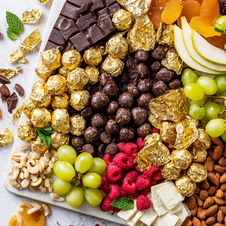 This New Years Gold Foil Wrapped Chocolate Board is overflowing with shimmering chocolates, fresh fruit, and crunchy nuts.