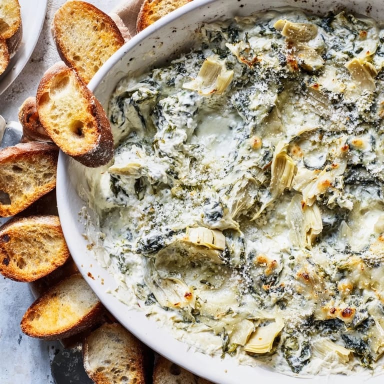 Creamy spinach artichoke dip bubbling in a baking dish, ready to be served hot with toasted baguettes.