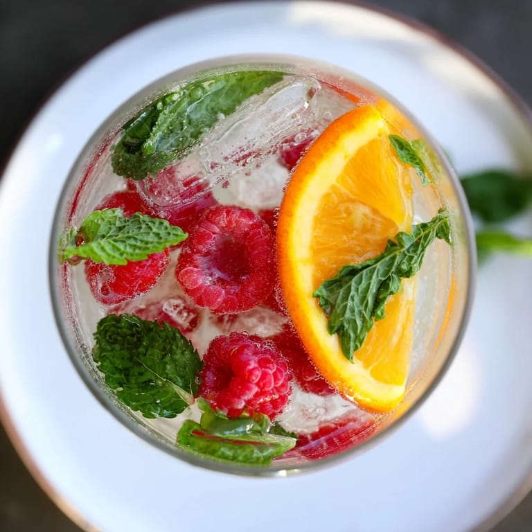 Vibrant red raspberries float in refreshing Sparkling Juice, ready for a festive toast.