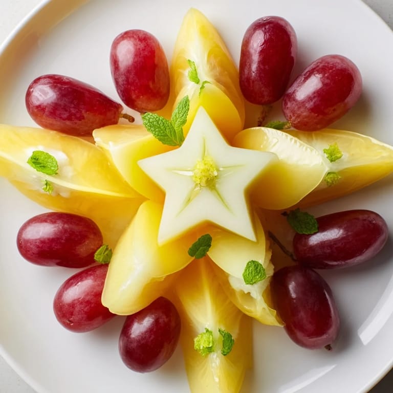 A beautiful plate of brunch fruit, including sweet starfruit and juicy green grapes.