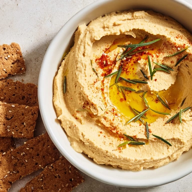 Perfect holiday appetizer featuring homemade rosemary crackers served alongside fresh hummus dip.