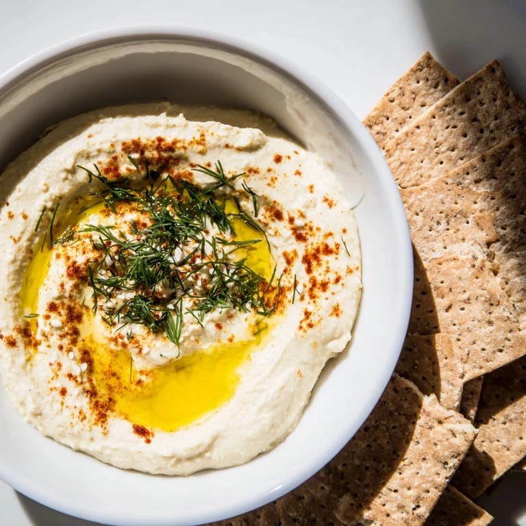 A delicious duo: Crispy Holiday Crackers complemented by smooth hummus, inviting guests to dig in.