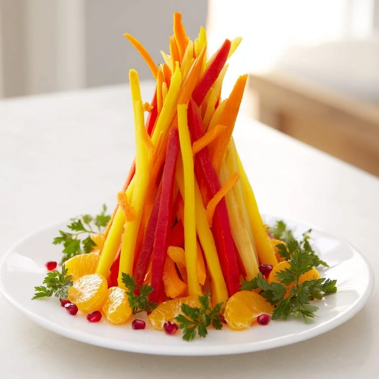 Fresh carrots and peppers create the flames in this visually stunning Bonfire Warmth Centerpiece appetizer.