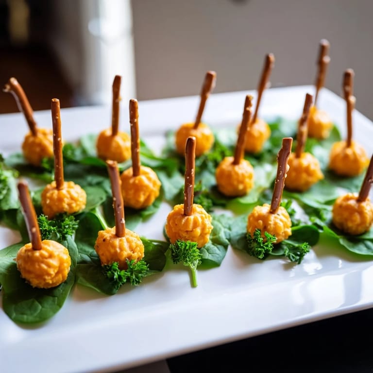 Close-up view of The Pumpkin Patch Grid: easy cheese ball "pumpkins" ready for your party.