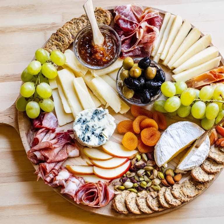 Festive Elegant Gilded Edge appetizer spread: ripe grapes, cured meats, and cheeses arranged on a decorative board.