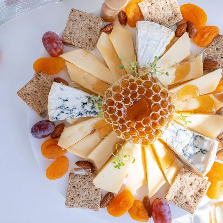 The "Gilded Hive" appetizer offers a radiant cheese and cracker display with a central honeycomb, ready to enjoy.