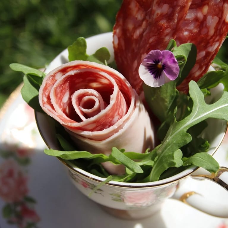 Imagine the Victorian Tea Rose: savory salami and pepperoni roses nestled near fresh basil, creating a charming appetizer.