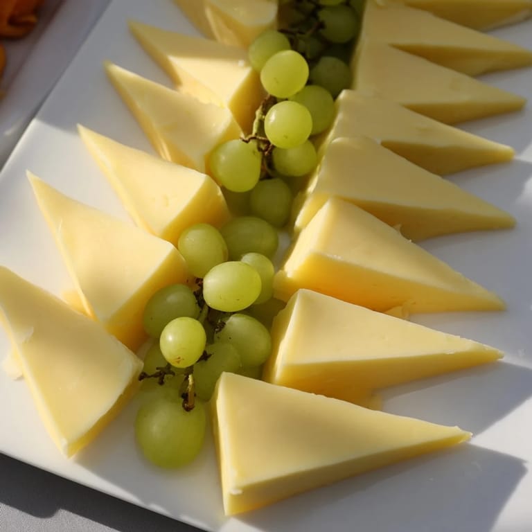 Festive cheese board with a Tannenbaum Border: a row of cheese trees and grapes, perfect holiday appetizer.
