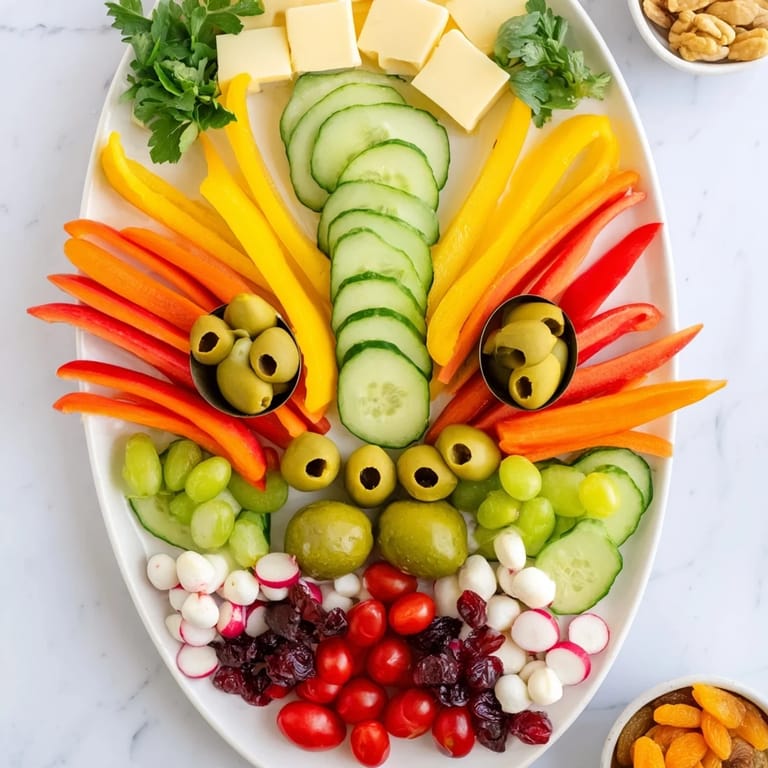 A colorful The Masquerade Mask, an artful appetizer presentation featuring fresh veggies and cheese cubes.