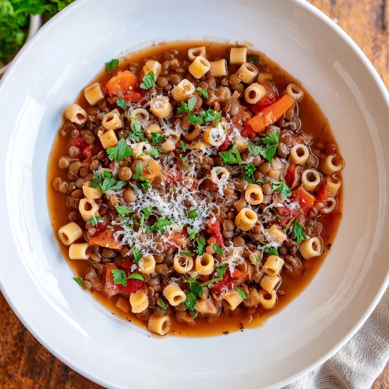 Close-up of savory Ditalini and Lentil Soup, offering a robust blend of lentils and pasta.
