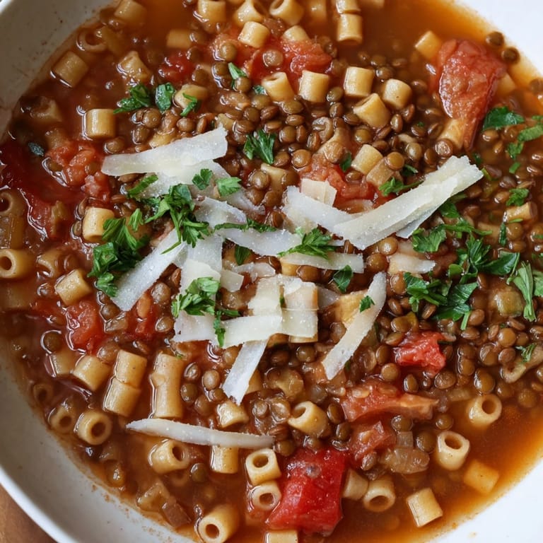 Enjoy a warm bowl of flavorful Ditalini and Lentil Soup, perfect for a cozy weeknight dinner.