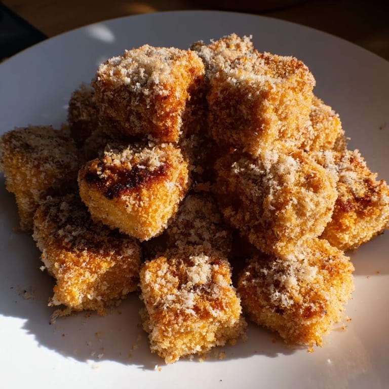 Close-up of air fryer un-fried chicken nuggets; the crunchy, golden exterior looks irresistible and flavorful.