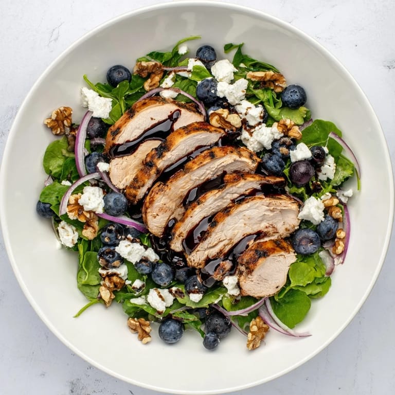 A colorful Blueberry Goat Cheese Chicken Salad with glistening balsamic glaze, perfect for a light lunch option.