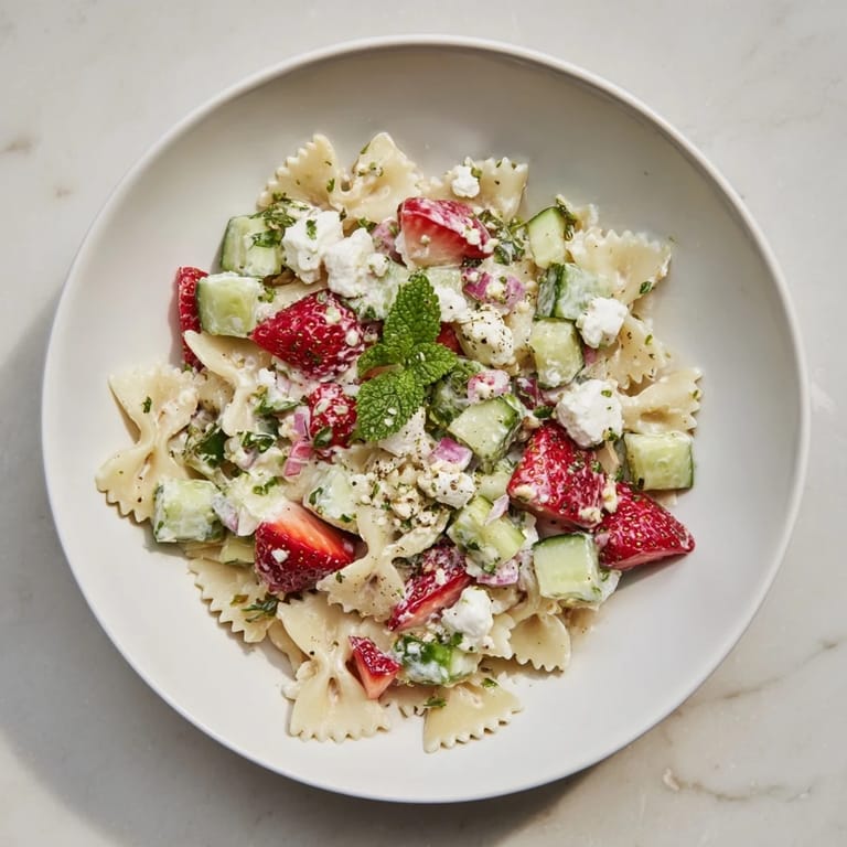 This Strawberry Feta Pasta features bright red berries, salty feta crumbles, and a creamy yogurt dressing.