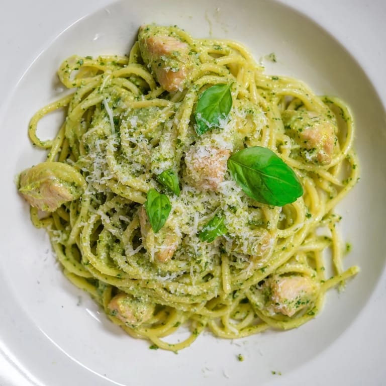 Golden chicken strips nestled in the pesto egg pasta, a comforting Italian-American fusion dish.
