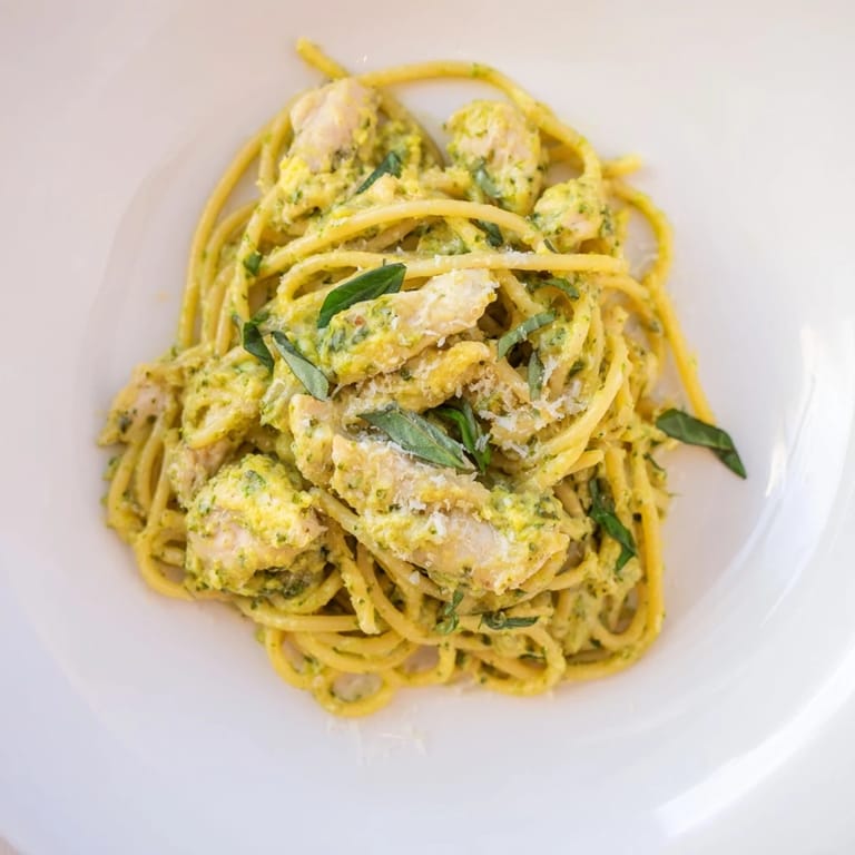 This plate of pesto egg and chicken pasta is visually appealing, with a sprinkle of fresh herbs.