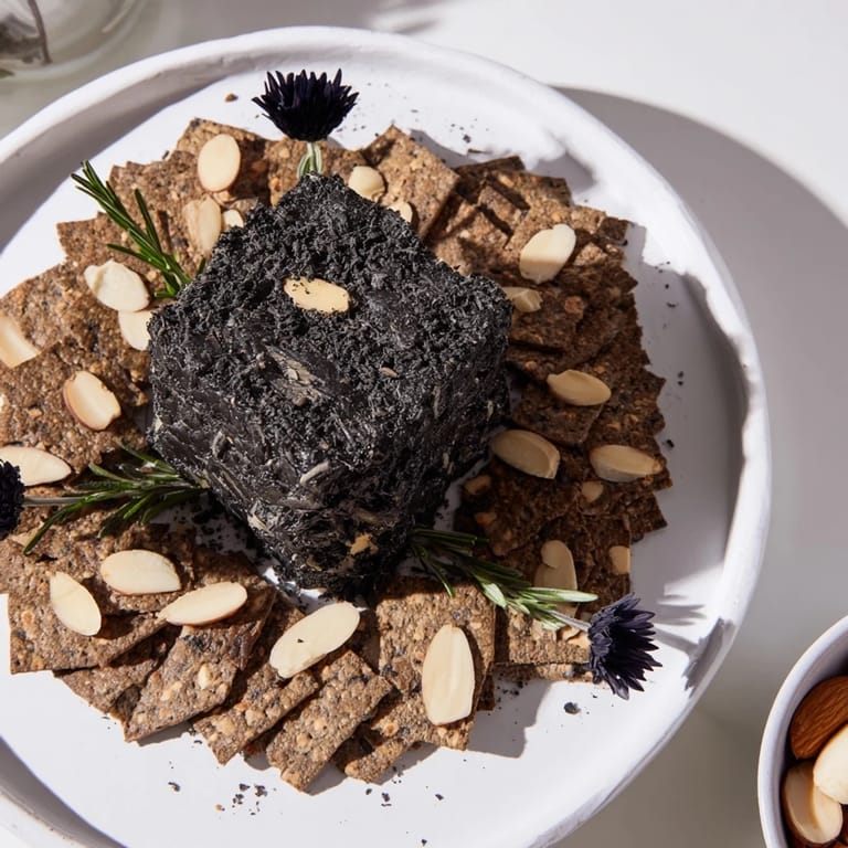 A visually stunning The Obsidian Peak cheese board, featuring dark crackers and charcoal-dusted almonds.