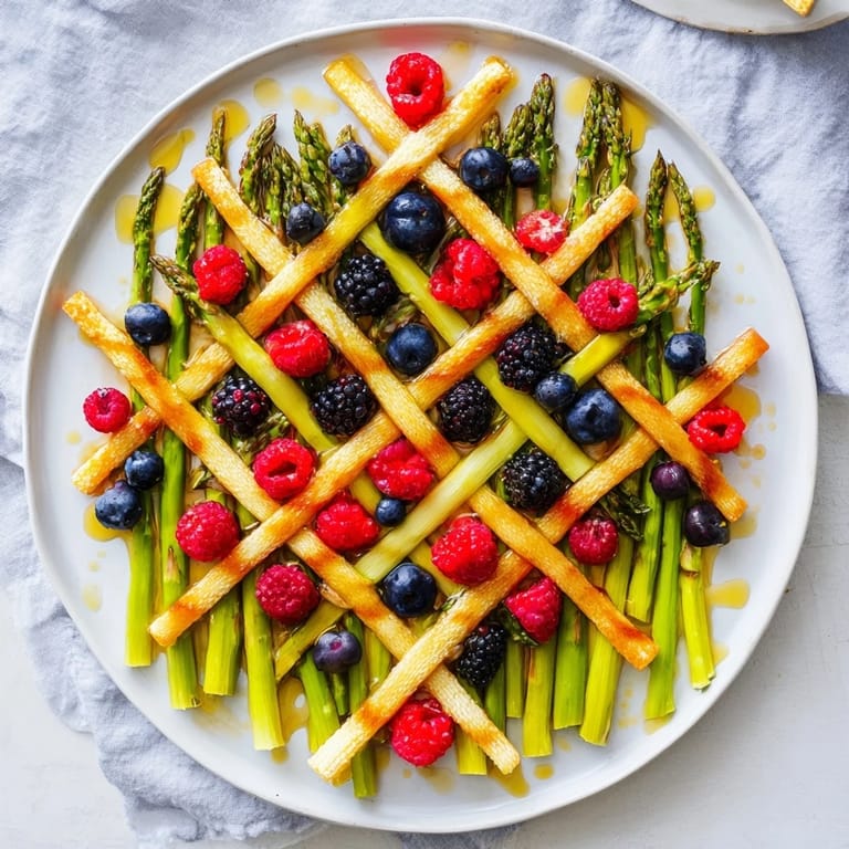Vibrant overhead shot of a Botanical Lattice appetizer, perfect for a spring party, showcasing fresh fruits.