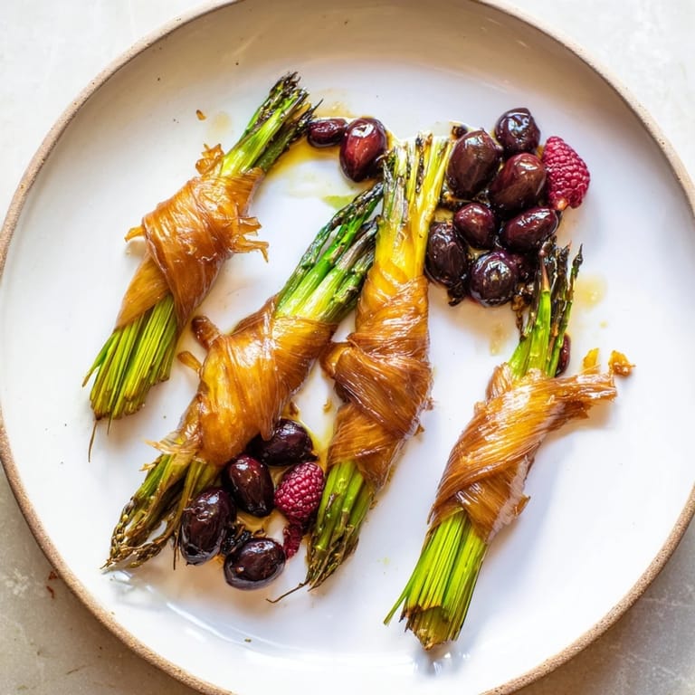 A beautiful plated Botanical Lattice, featuring colorful fruit nestled in a fresh asparagus grid.