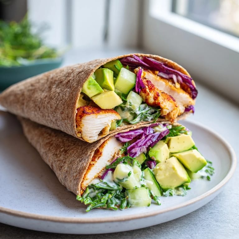 Freshly grilled chicken slices nestled in flavorful Green Goddess Chicken Wraps, prepared with crunchy greens.