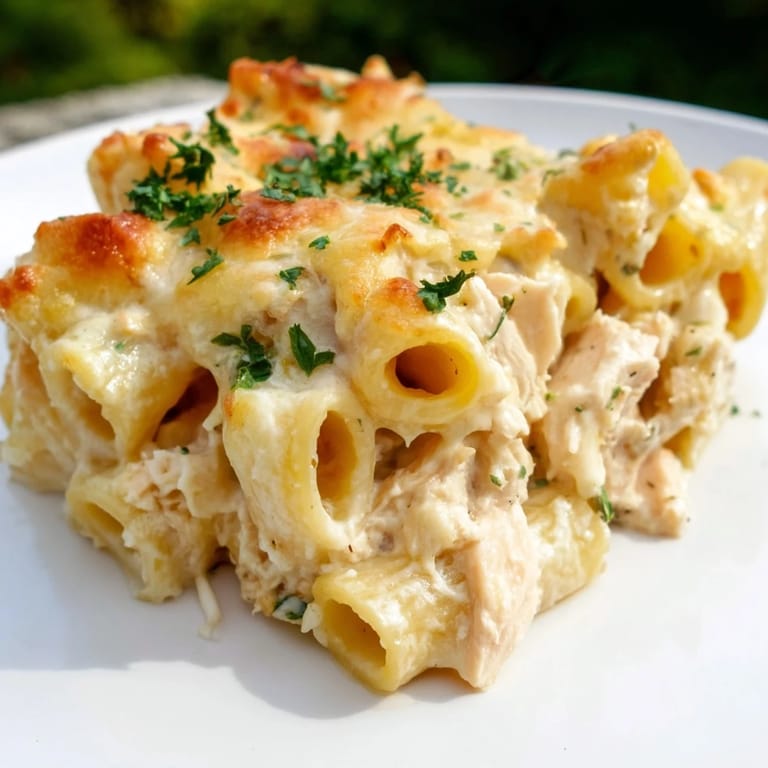 A close-up of a steaming Chicken Alfredo Bake, showing melted cheese and al dente pasta.