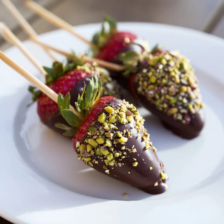 Close-up of vibrant chocolate-dipped strawberry skewers, garnished with nuts, perfect for sharing and easy to grab.