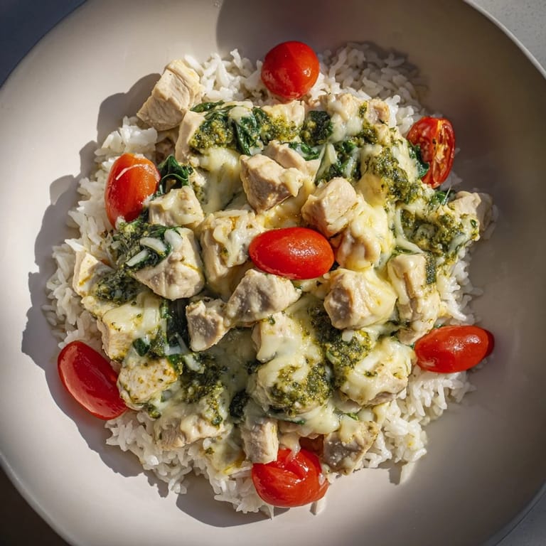 Tender chicken, creamy pesto, and rice in this baked casserole—a delicious Chicken Pesto Rice Bake.