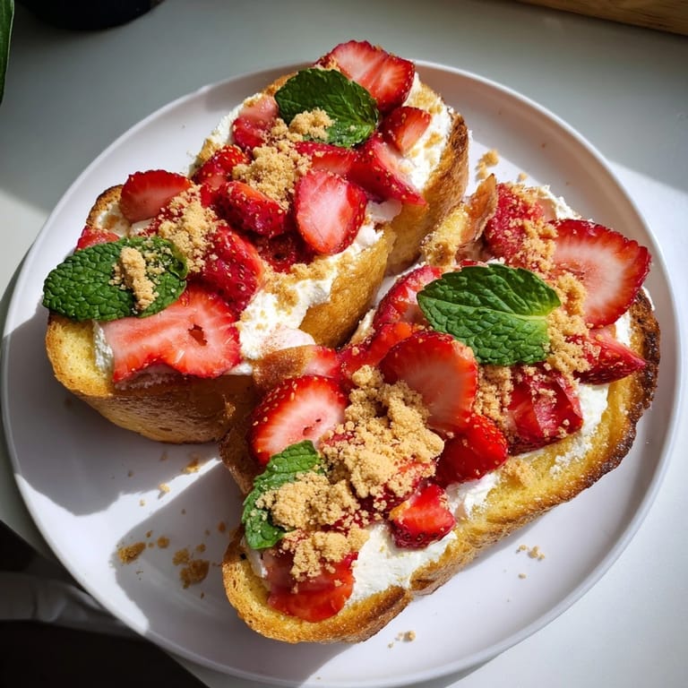 Close-up of vibrant Strawberry Cheesecake Toast with juicy strawberries, perfect for a sweet and easy breakfast or snack.