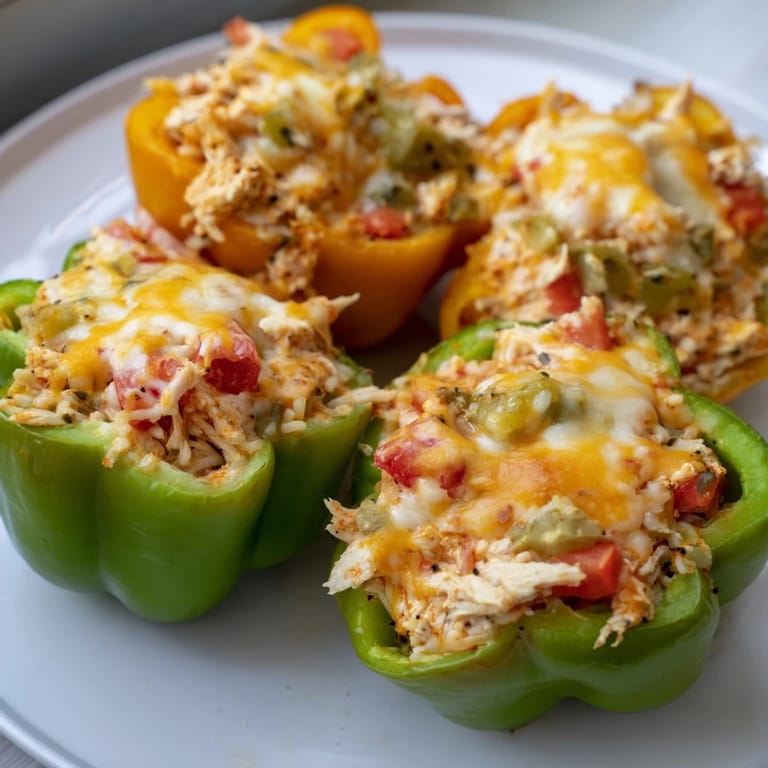Melted cheese overflows from these vibrant Cheesy Chicken Stuffed Peppers, a delicious, hearty American dinner.