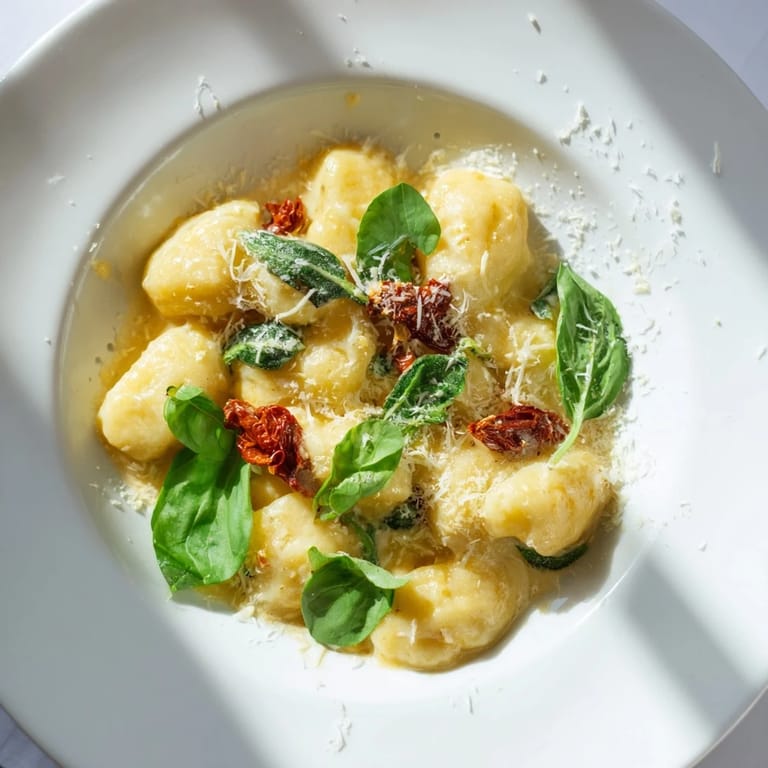 This close-up shows the Creamy Tuscan Gnocchi, swimming in a rich Parmesan cream sauce ready to eat.