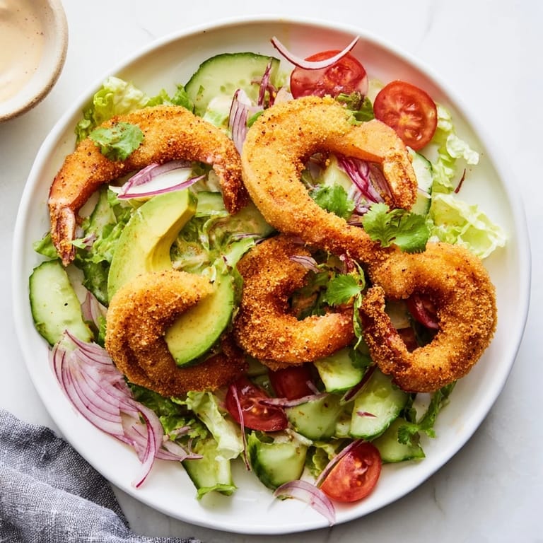 Fresh, vibrant Spicy Crispy Shrimp Salad with creamy avocado and zesty sriracha-lime dressing, a delicious meal.
