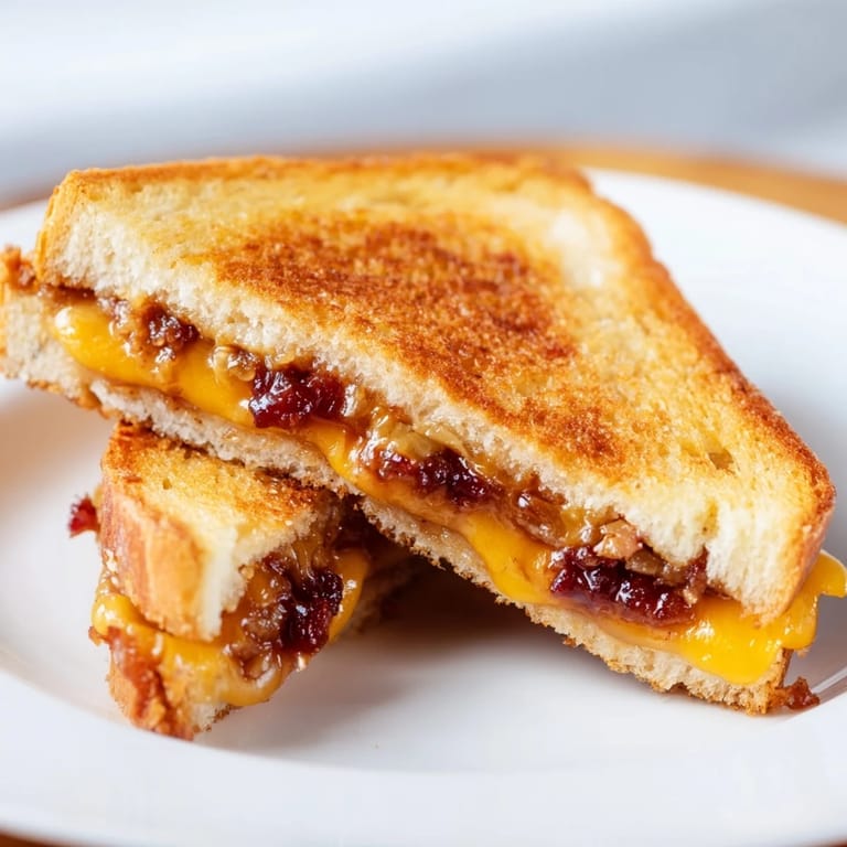 Close-up of a perfectly grilled bacon jam grilled cheese, ready for a delicious, melty bite.