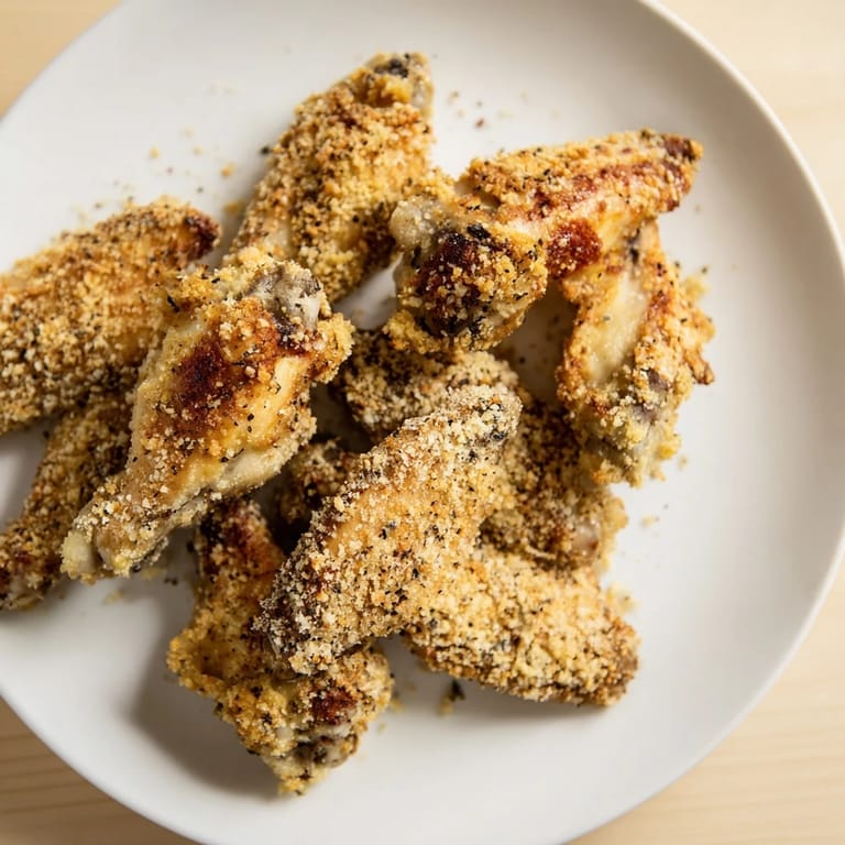 Close-up of freshly baked Parmesan Chicken Wings; imagine the delicious aroma of herbs.
