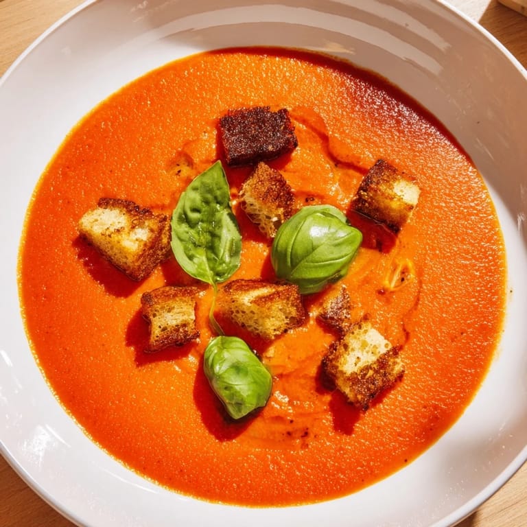 This comforting creamy roasted garlic tomato soup is beautifully blended, evoking a rich, savory taste.