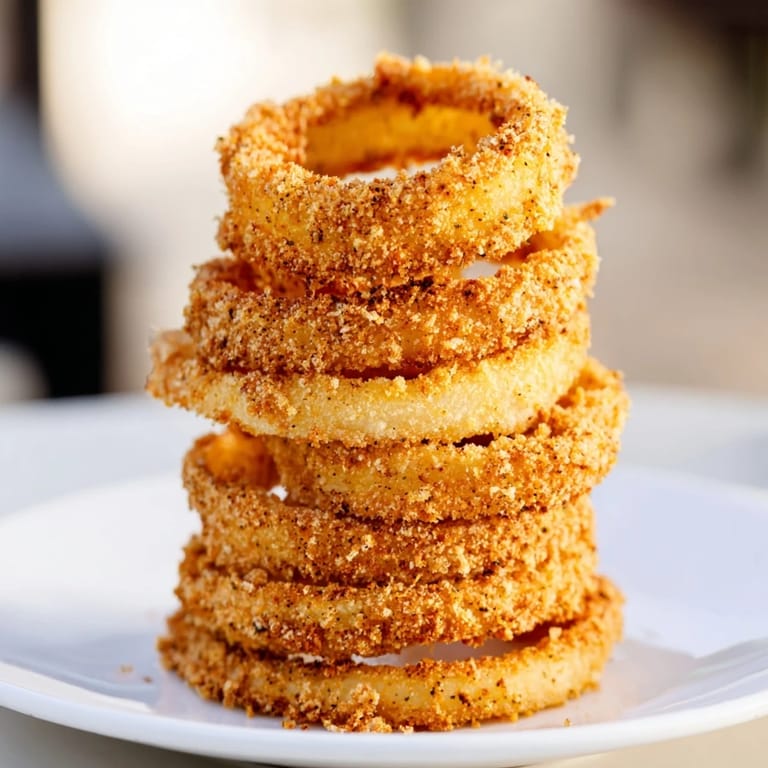 This photo shows a delicious, crunchy Crispy Onion Ring Tower, perfect for sharing and enjoying.