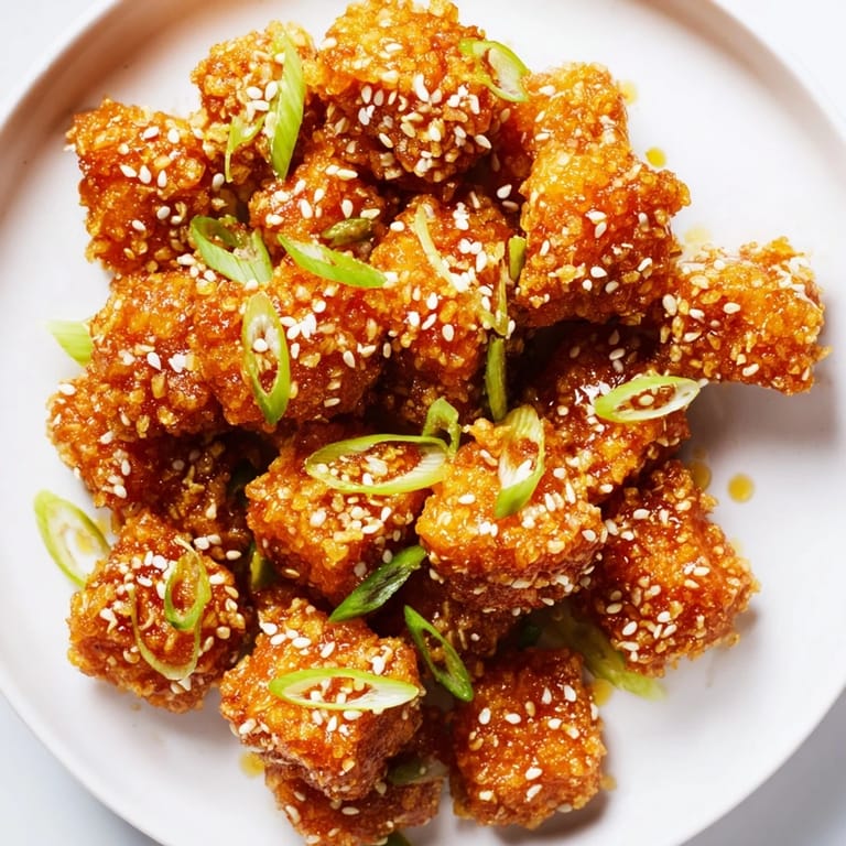 Tempting close-up of Honey Sriracha Tofu Nuggets: perfectly fried and ready to be enjoyed.