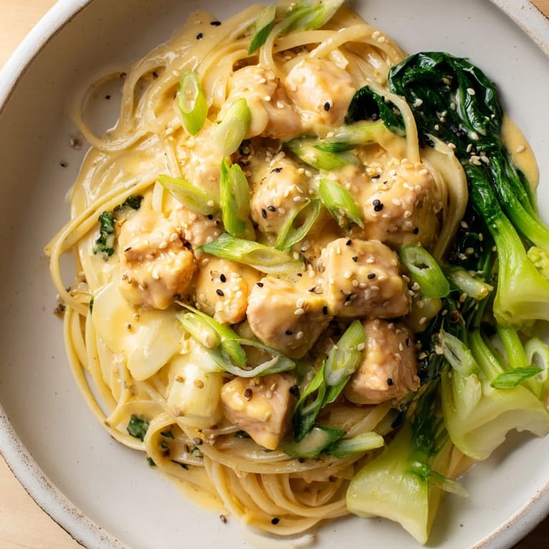 Close-up of miso butter salmon pasta, showcasing perfectly cooked salmon and al dente pasta.