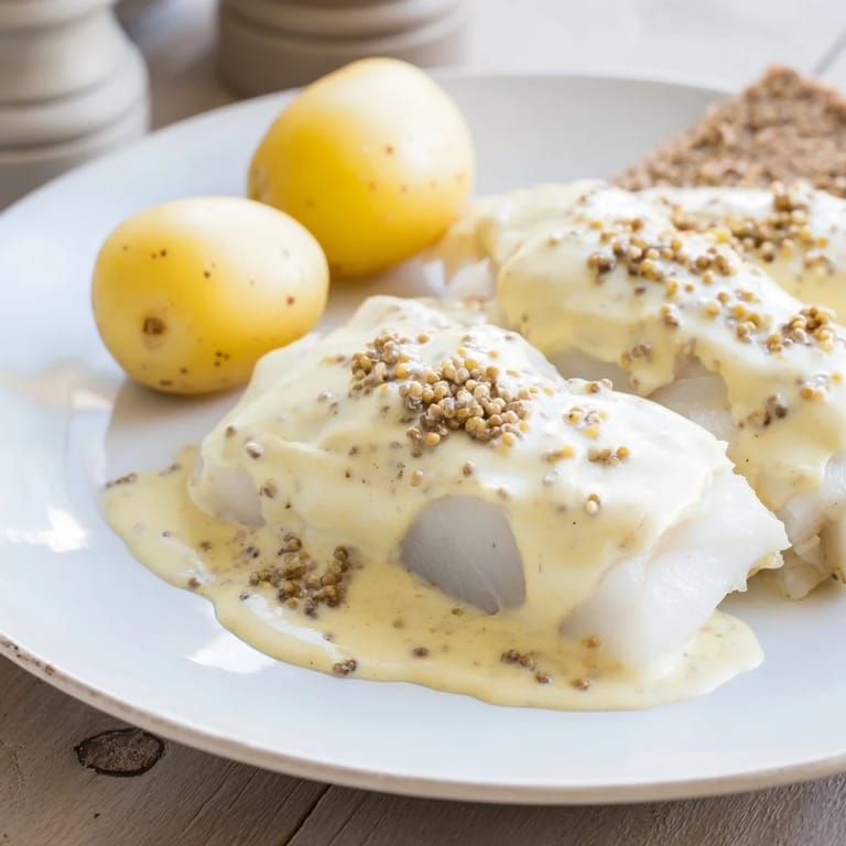 The savory Norwegian Lutefisk flaked beautifully in this image, served alongside potatoes and mustard.